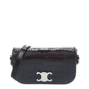 Celine Small Triomphe Croc-Embossed Leather Crossbody, Black